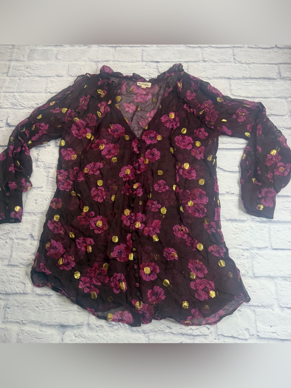 For Love & Lemons Plum Sheer Floral Button-Up Blouse w/ Gold Accents. Size Med